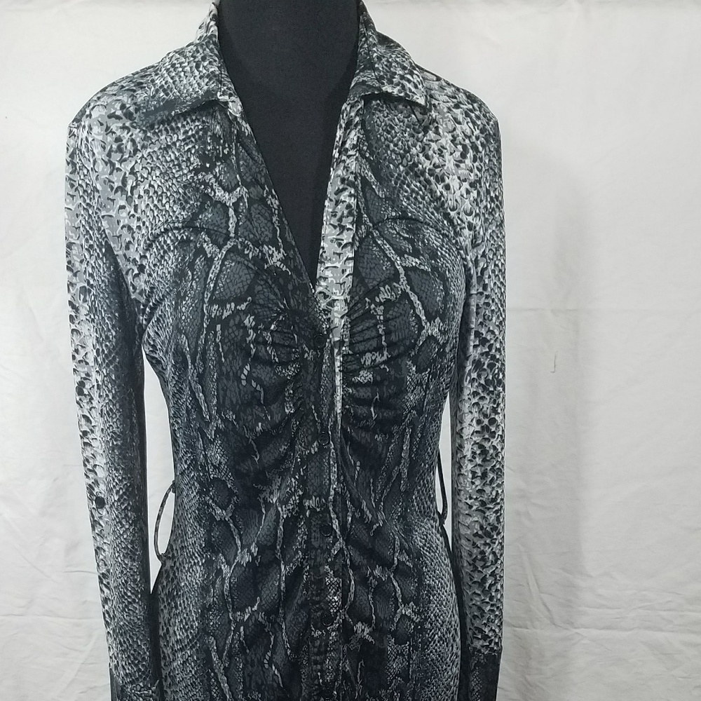 Snakeskin print Button front long sleeve Dress SzM